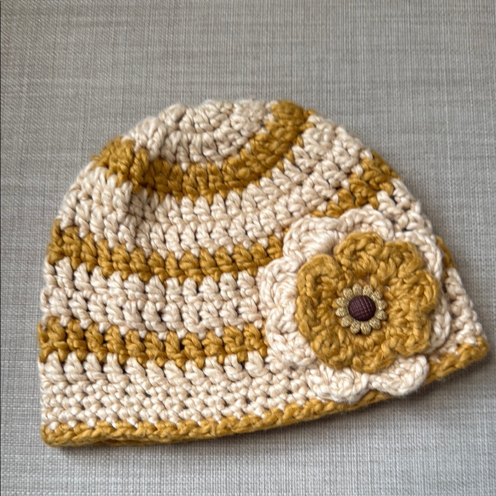 Handmade Crochet Kids Beanie - Cream and Gold